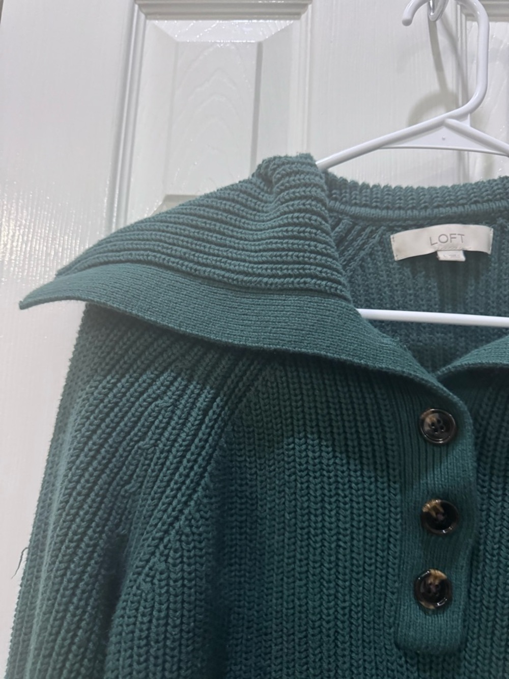 LOFT Deep Green Ribbed Collar Button-Front Sweater - Picture 3 of 7